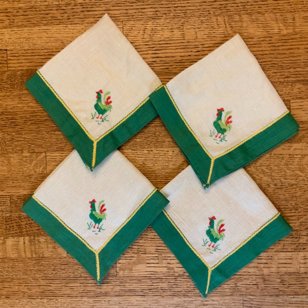 Vintage Embroidered Rooster Linen Napkins Set of 4